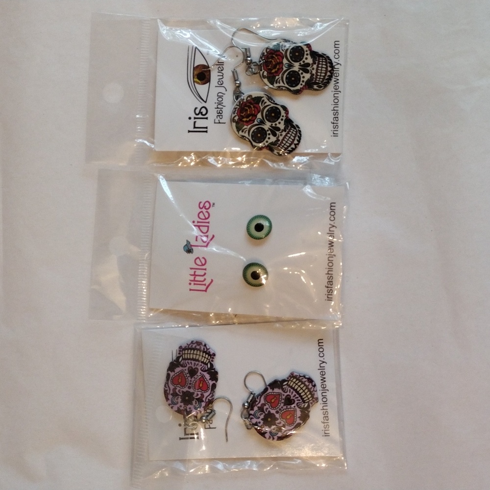 NWT Bundle of 3 Earrings Dangling Sugar Skulls Eyeball Studs